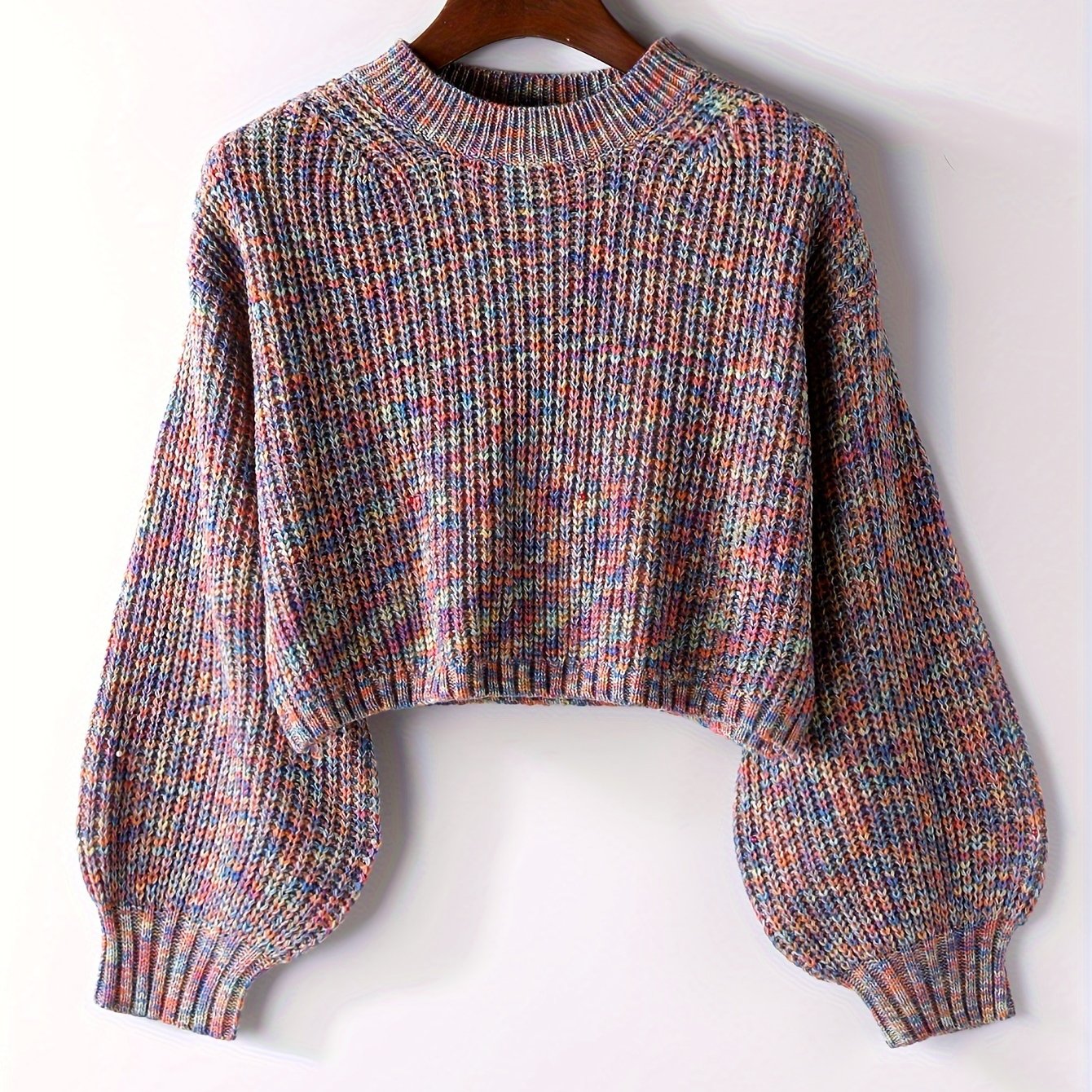 Sixsr Solid Crew Neck Crop Sweater, Casual Lantern Sleeve Comfy Pullover Sweater, Women's Clothing