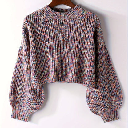 Sixsr Solid Crew Neck Crop Sweater, Casual Lantern Sleeve Comfy Pullover Sweater, Women's Clothing