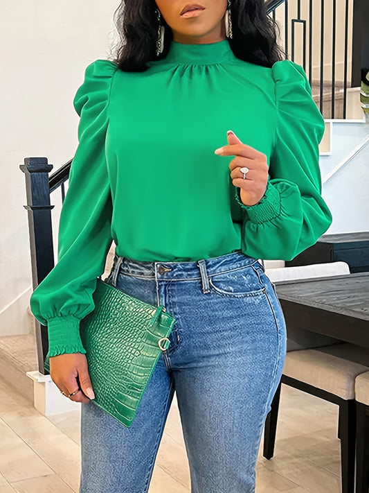 Sixsr Solid Puff Sleeve Blouse, Stand Collar Long Sleeve Blouse, Elegant & Stylish Tops For Office & Work, Women's Clothing