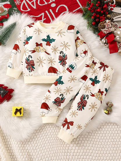 Baby Boy Girl Cute Christmas Print Outfits, Long-sleeved Sweatshirt Top Long Pants Trousers Set, Kid's Party Casual Clothes Outdoor Clothes