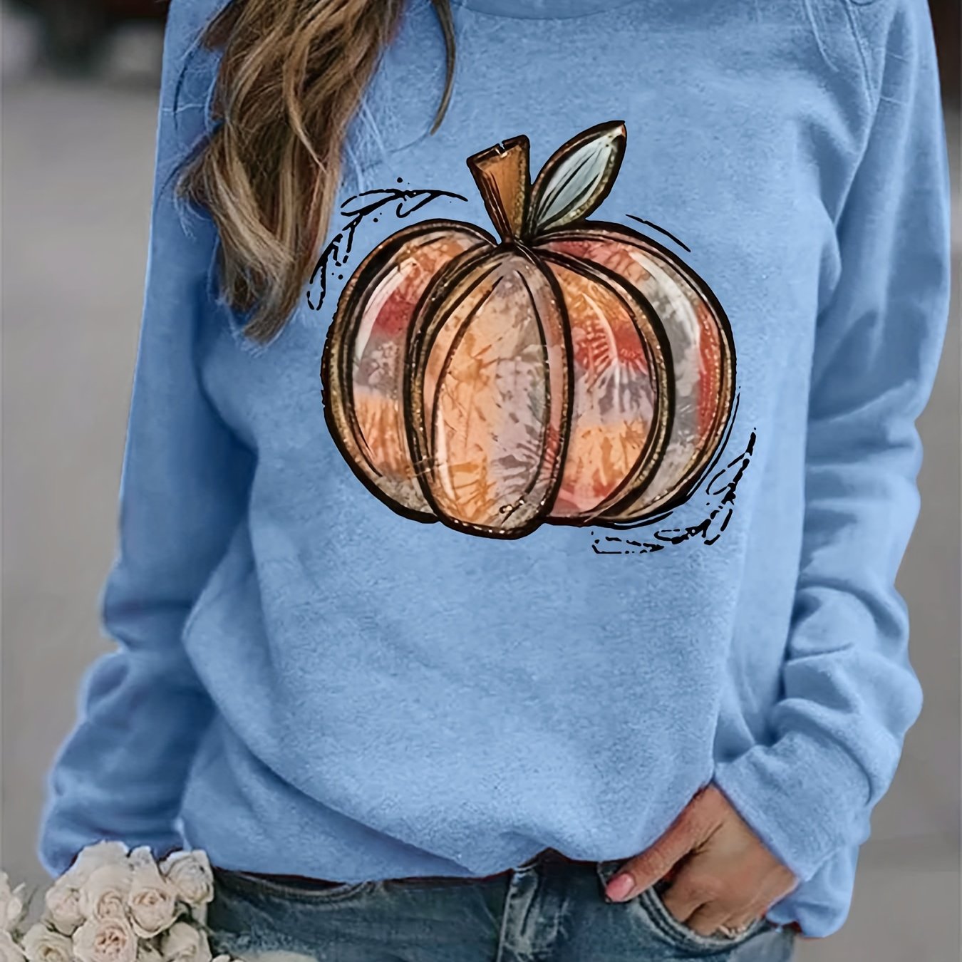 Sixsr Halloween Pumpkin Print Sweatshirt, Casual Long Sleeve Crew Neck Sweatshirt, Women's Clothing