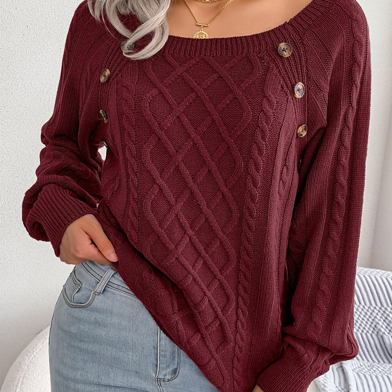 Cozy Women's Sweater with Textured Button Lantern Sleeves