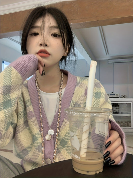 Sixsr Plaid Button Down Knit Cardigan, Casual Long Sleeve Loose Sweater, Women's Clothing