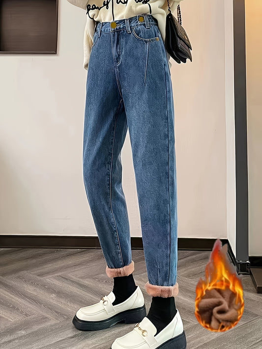 Sixsr High Waist Versatile Tapered Jeans, Fleece Liner Keep Warm Casual Mom Jeans, Women's Denim Jeans & Clothing