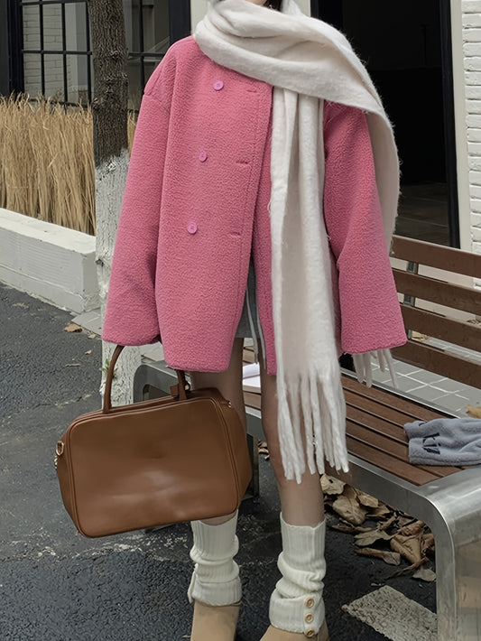 Sixsr Button Front Fuzzy Jacket, Elegant Long Sleeve Drop Shoulder Coat For Fall & Winter, Women's Clothing