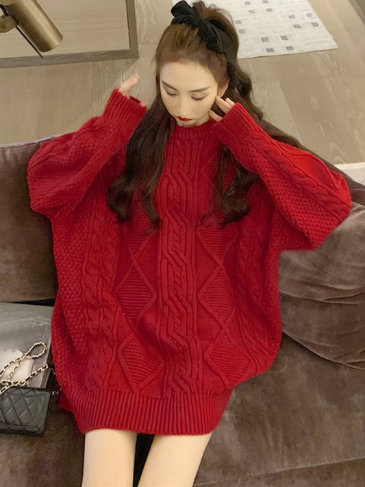 Sixsr Cable Twist Knit Sweater, Casual Long Sleeve Crew Neck Pullover Sweater For Fall & Winter, Women's Clothing