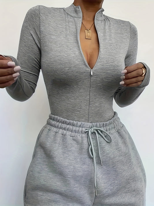Solid Zip Up Mock Neck Bodysuit, Elegant Long Sleeve Slim Bodysuit, Women's Clothing