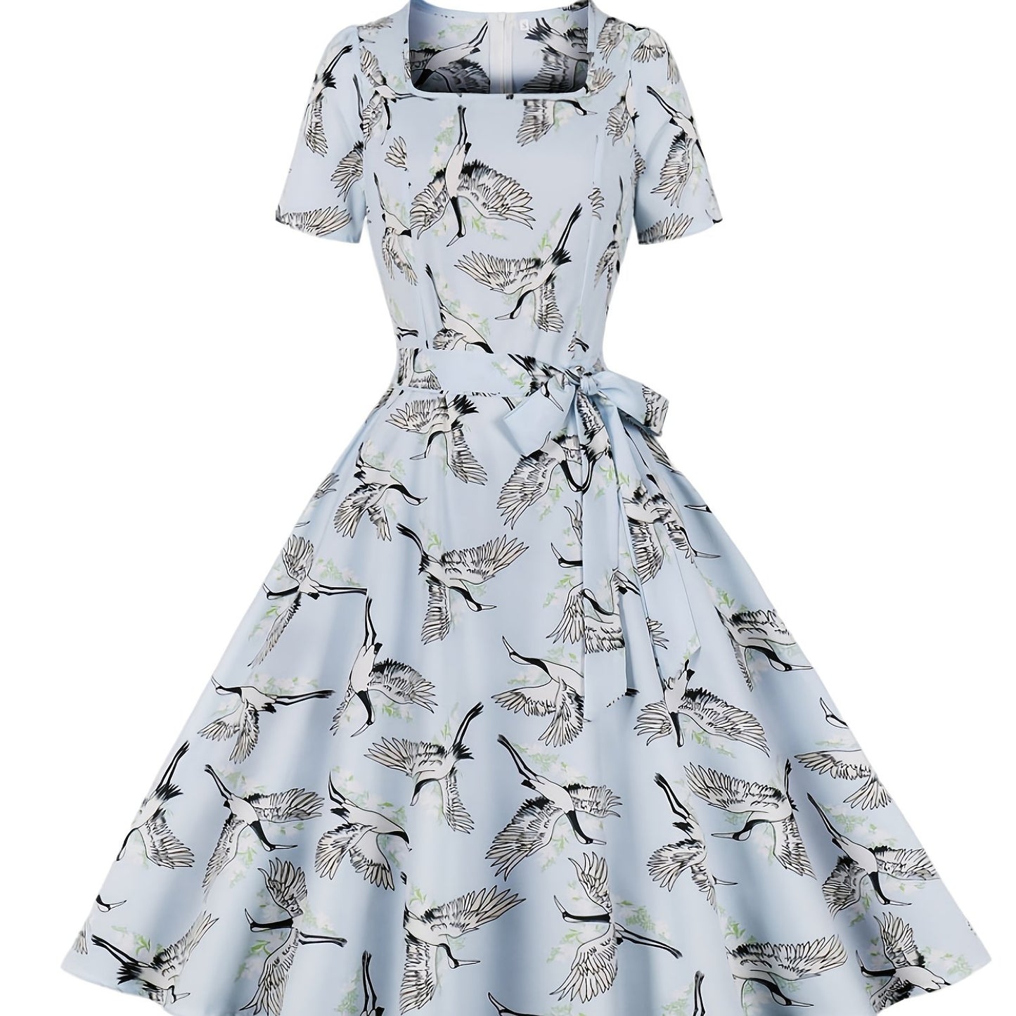 Sixsr Crane Print Tie Front Dress, Elegant Vintage Square Neck Short Sleeve Dress, Women's Clothing