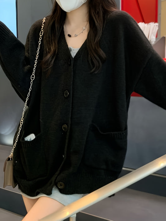 Sixsr Solid Button Front Cardigan, Casual Long Sleeve Drop Shoulder Outwear, Women's Clothing