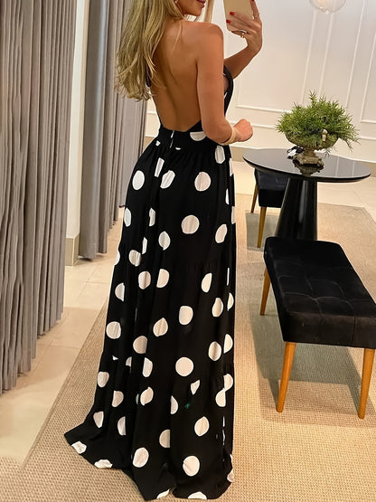 Polka Dot Halter Neck Dress, Sexy Backless Sleeveless Slim Waist Maxi Dress, Women's Clothing