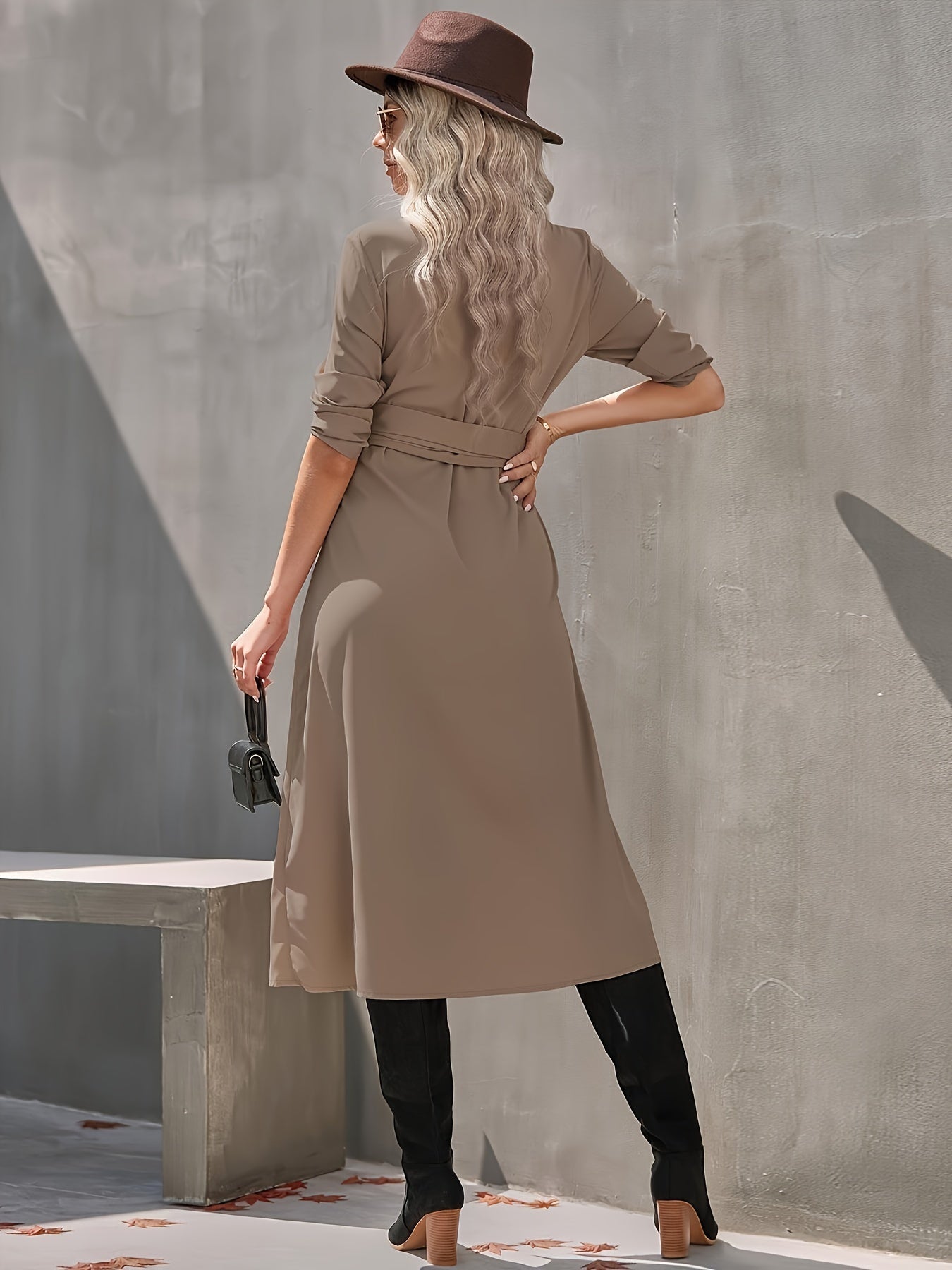 Sixsr Solid Button Front Dress, Elegant Long Sleeve Belted Lapel Dress, Women's Clothing