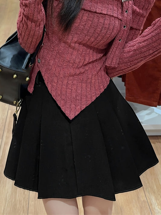 Sixsr Solid Pleated Aline Skirt, Preppy High Waist Skirt For Spring & Fall, Women's Clothing