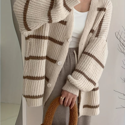 Sixsr Striped Button Down Knit Cardigan, Casual Long Sleeve Oversized Sweater, Women's Clothing