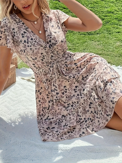 Floral Print A-line Tiered Dress, Casual Flutter Sleeve V Neck Dress, Women's Clothing