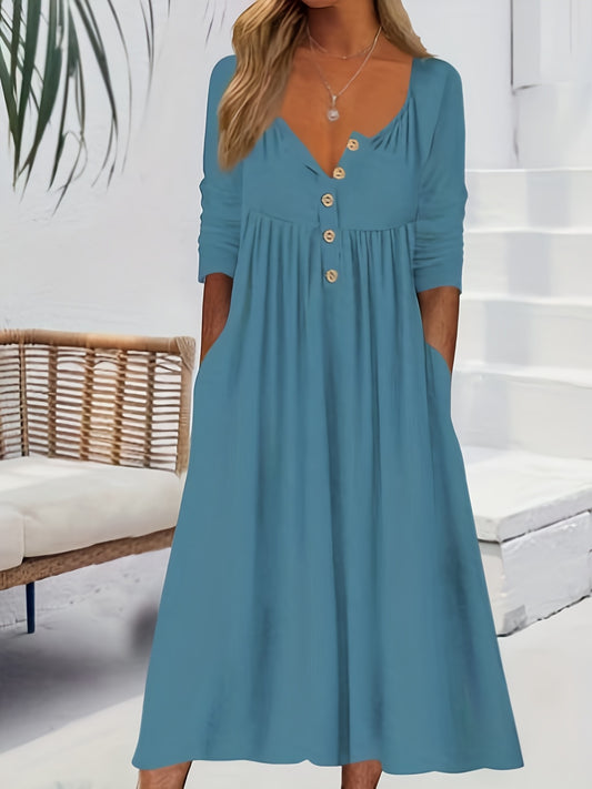 Sixsr Dual Pockets Button Dress, Casual Crew Neck Long Sleeve Dress, Women's Clothing
