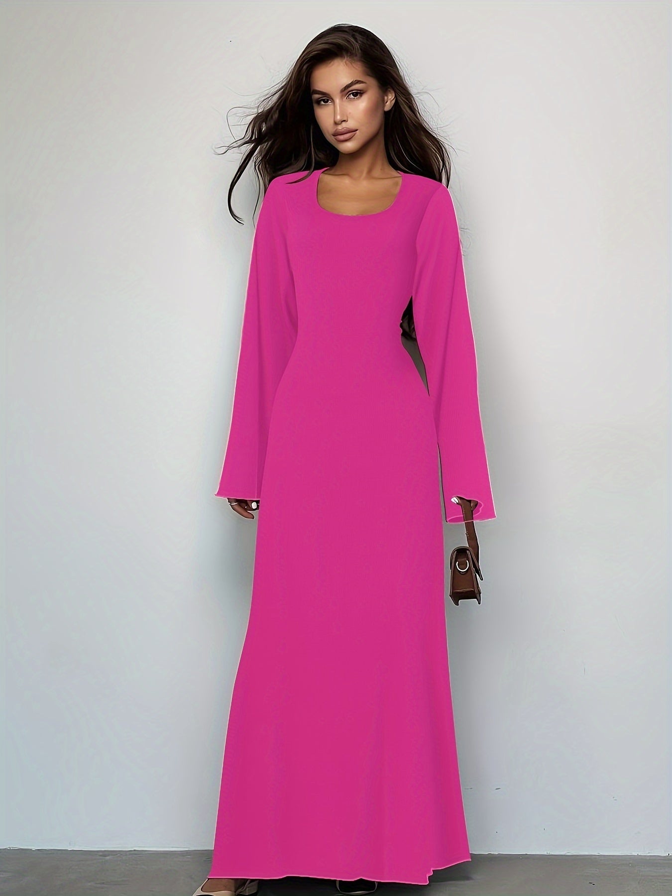 Sixsr Solid Tie Back U Neck Dress, Elegant Long Sleeve Maxi Dress, Women's Clothing