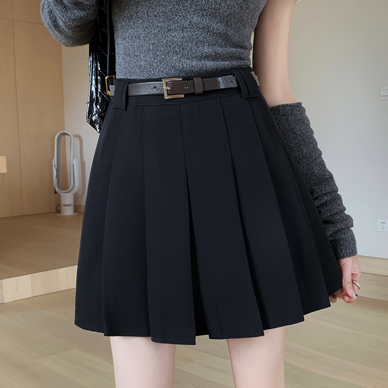 Sixsr Solid Pleated Aline Skirt, Preppy High Waist Skirt For Spring & Fall, Women's Clothing