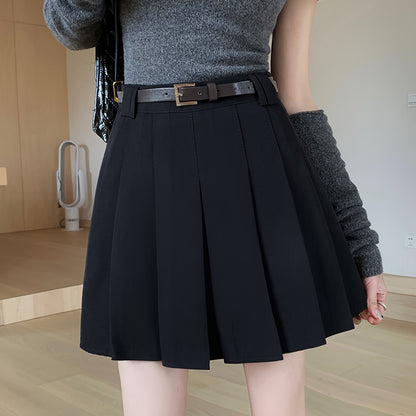 Sixsr Solid Pleated Aline Skirt, Preppy High Waist Skirt For Spring & Fall, Women's Clothing
