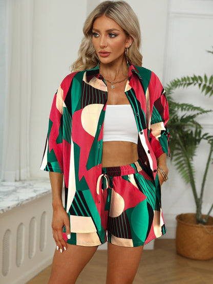 Casual Color Block Two-piece Set, Drop Shoulder Shirt & Drawstring Shorts Outfits, Women's Clothing