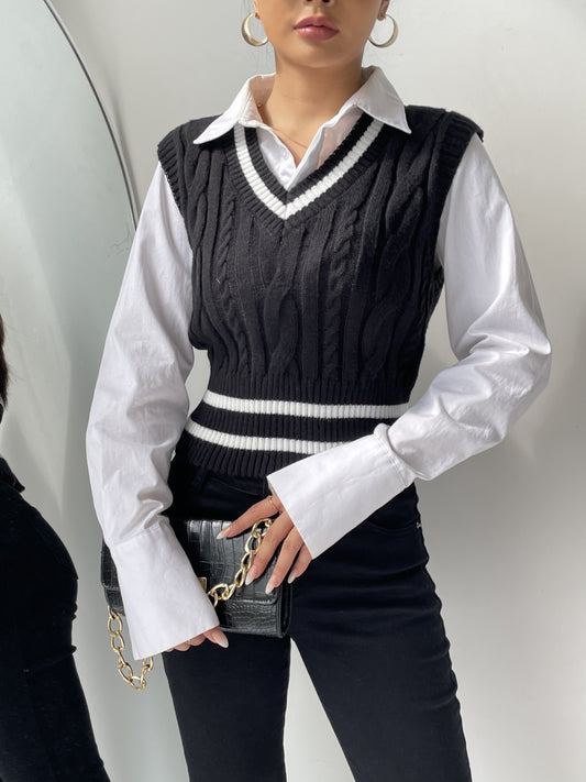 Sixsr Striped V Neck Cable Knit Vest, Casual Sleeveless Sweater For Spring & Fall, Women's Clothing