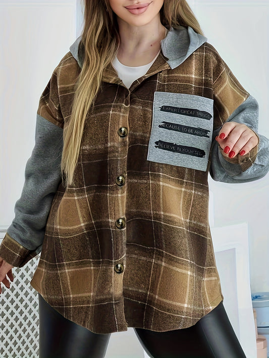 Sixsr Plus Size Casual Coat, Women's Plus Colorblock Plaid & Letter Print Button Up Long Sleeve Hoodie Shirt Coat