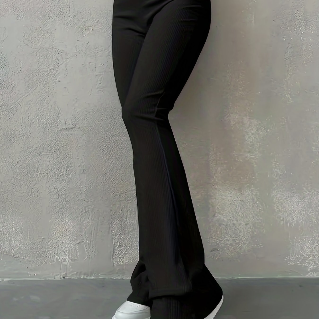 Sixsr Solid Ribbed Flare Leg Pants, High Waist Slim Elastic Pants, Women's Clothing