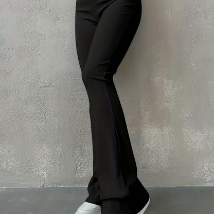 Sixsr Solid Ribbed Flare Leg Pants, High Waist Slim Elastic Pants, Women's Clothing