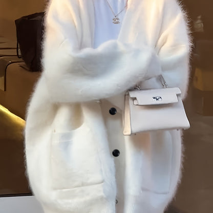 Sixsr Solid Button Front Knitted Cardigan, Casual Simple V Neck Long Sleeve Cardigan With Pockets For Fall & Winter, Women's Clothing