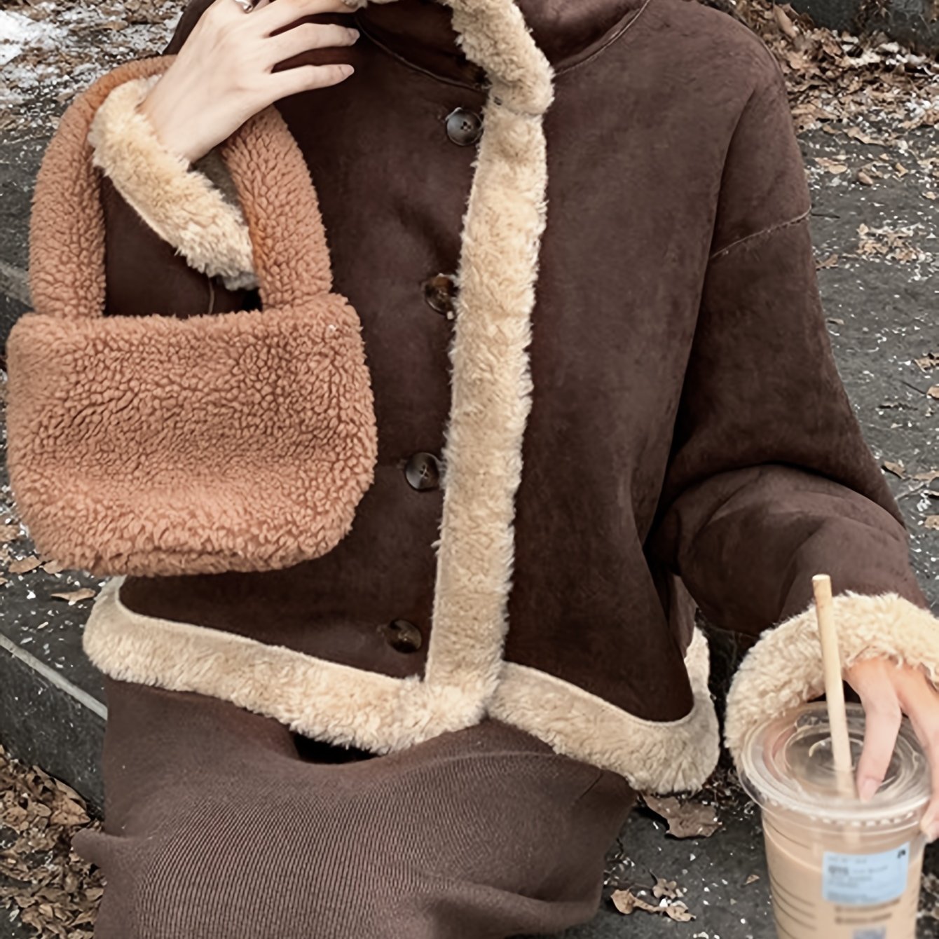 Sixsr Fuzzy Trim Stand Collar Coat, Casual Button Front Long Sleeve Warm Outerwear, Women's Clothing