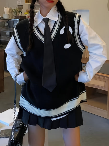 Sixsr Letter Print V Neck Sweater Vest, Preppy Sleeveless Vest For Fall & Winter, Women's Clothing