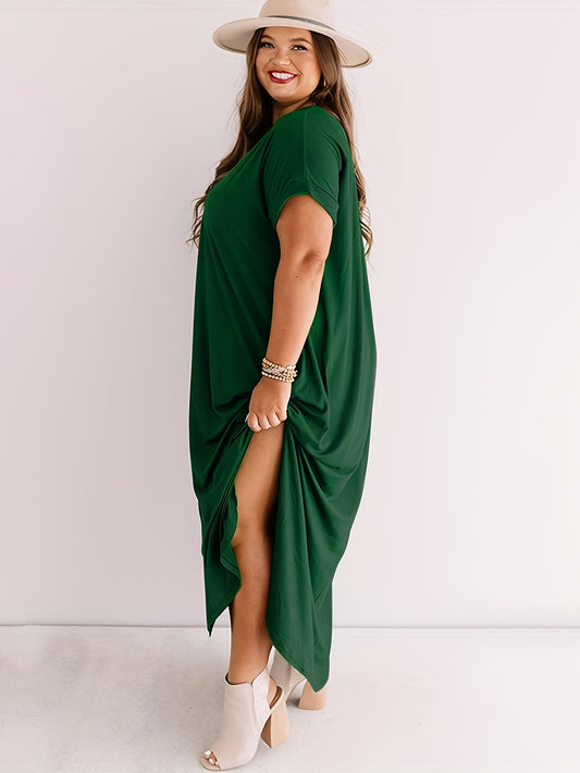 Sixsr Plus Size Casual Dress, Women's Plus Solid Short Sleeve V Neck Loose Maxi Dress