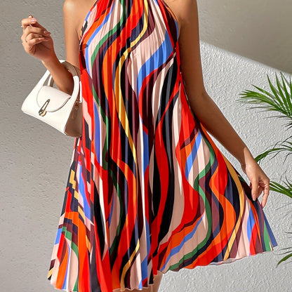 Striped Pleated Halter Neck Dress, Sexy Sleeveless Random Print Dress For Spring & Summer, Women's Clothing