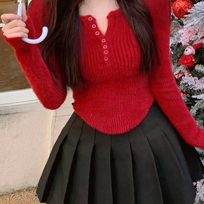 Sixsr Solid Button Up Pullover Sweater, Casual Long Sleeve Hanky Hem Sweater, Women's Clothing