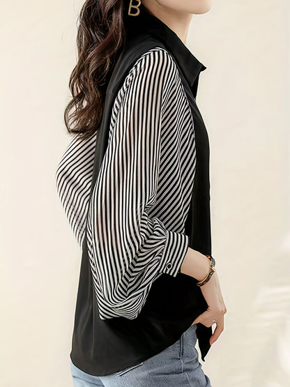 Sixsr Striped Print Splicing Shirt, Casual Button Front Long Sleeve Shirt, Women's Clothing