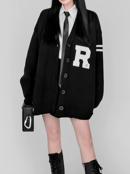 Sixsr Y2K Letter Pattern Button Up Knit Cardigan, Preppy Long Sleeve Loose Sweater, Women's Clothing