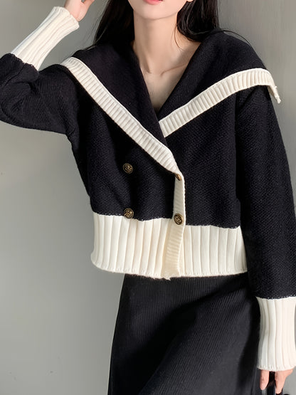 Sixsr Color Block Double Breasted Knit Cardigan, Casual Collared Long Sleeve Thick Sweater, Women's Clothing