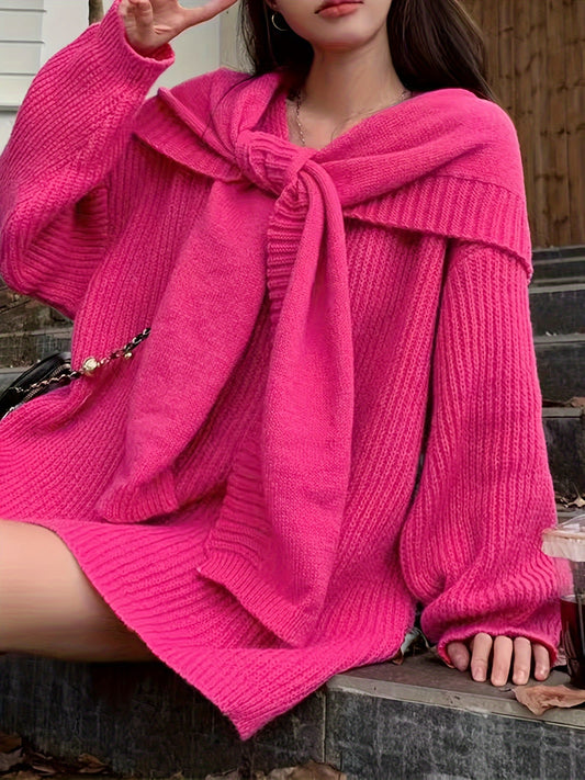 Sixsr Solid Hooded Knitted Pullover Sweater, Casual Long Sleeve Sweater For Fall & Winter, Women's Clothing