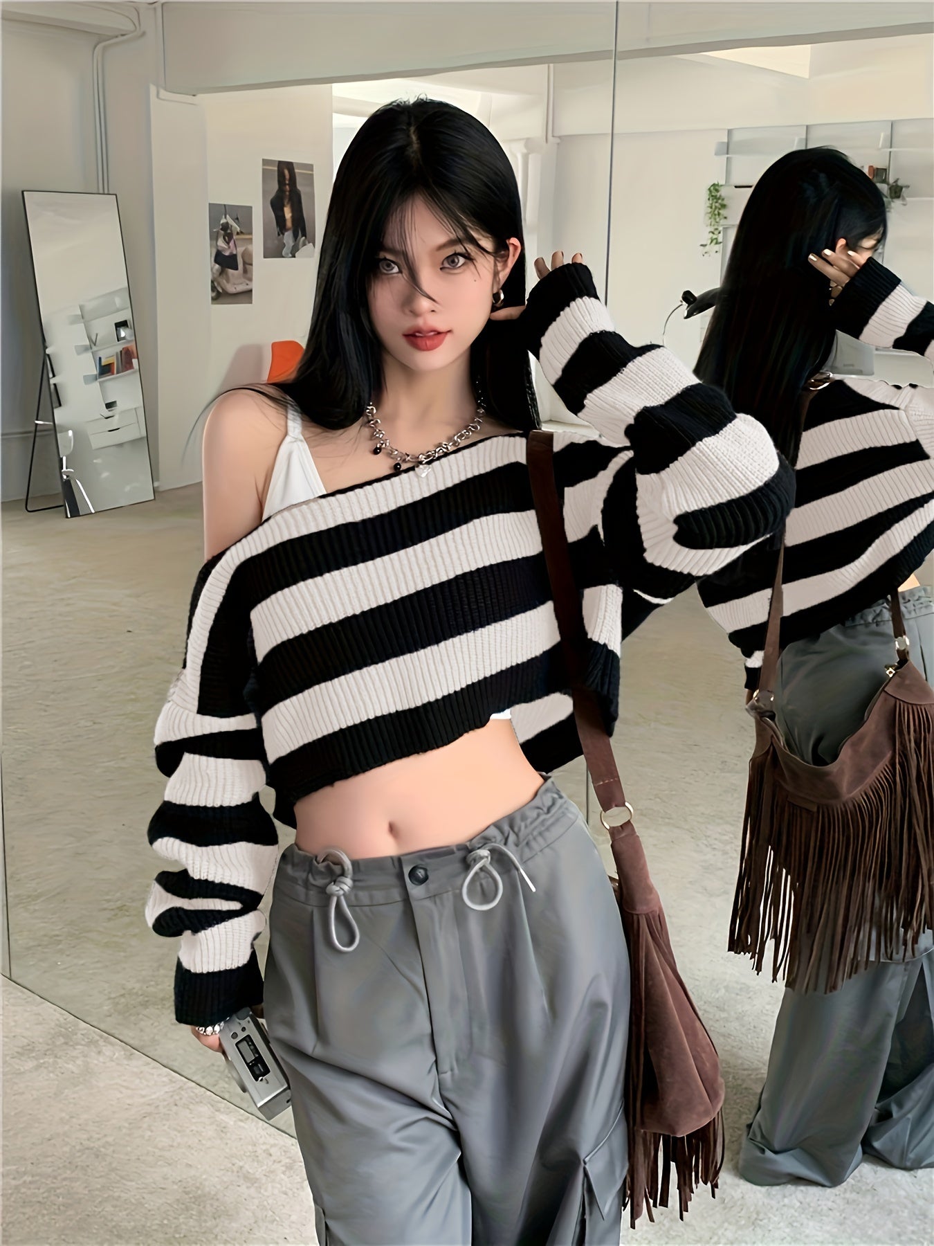 Sixsr Striped Off Shoulder Knitted Top, Casual Long Sleeve Crop Sweater For Spring & Fall, Women's Clothing