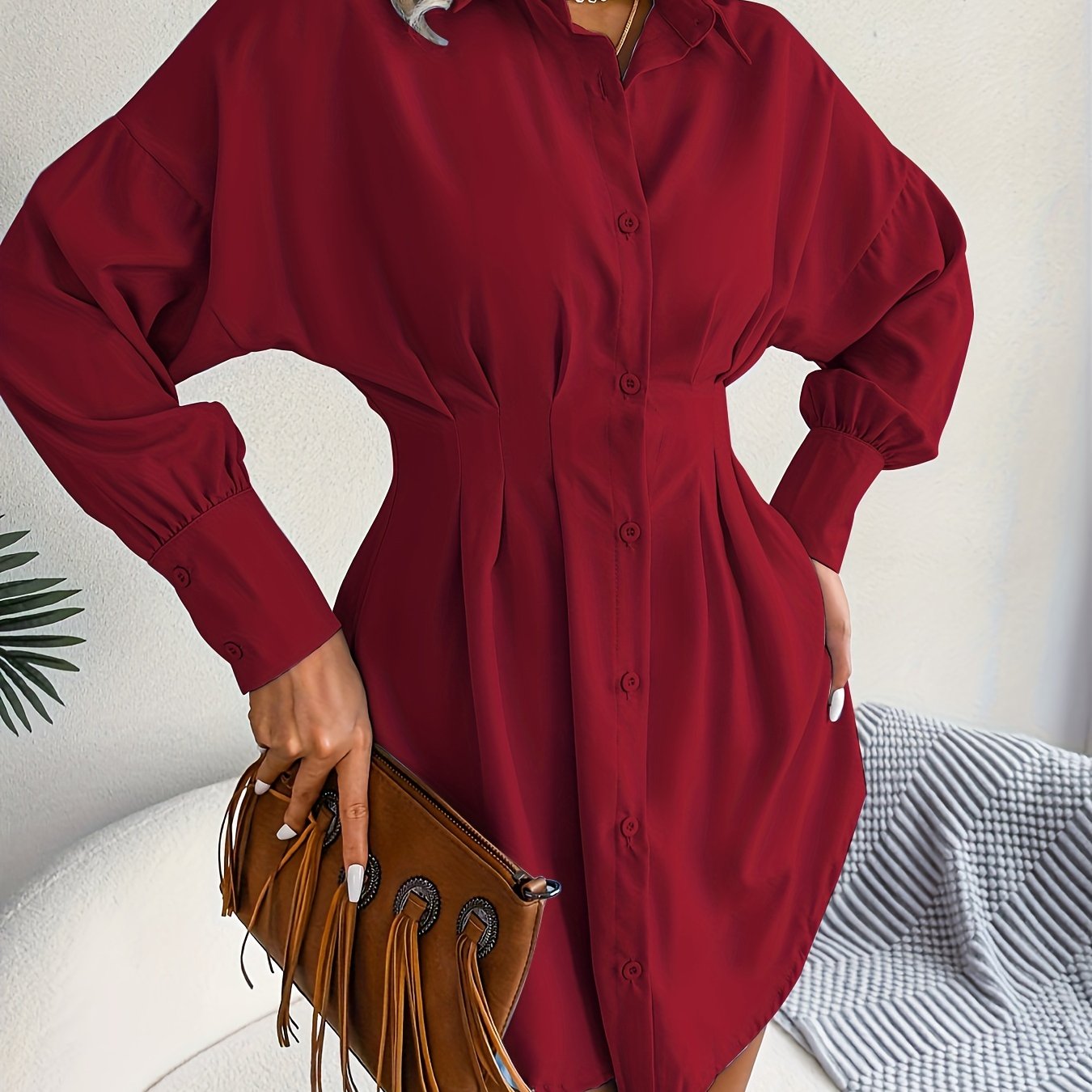 Sixsr Long Sleeve Mini Shirt Dress, Button Up Casual Dress For Fall & Spring, Women's Clothing