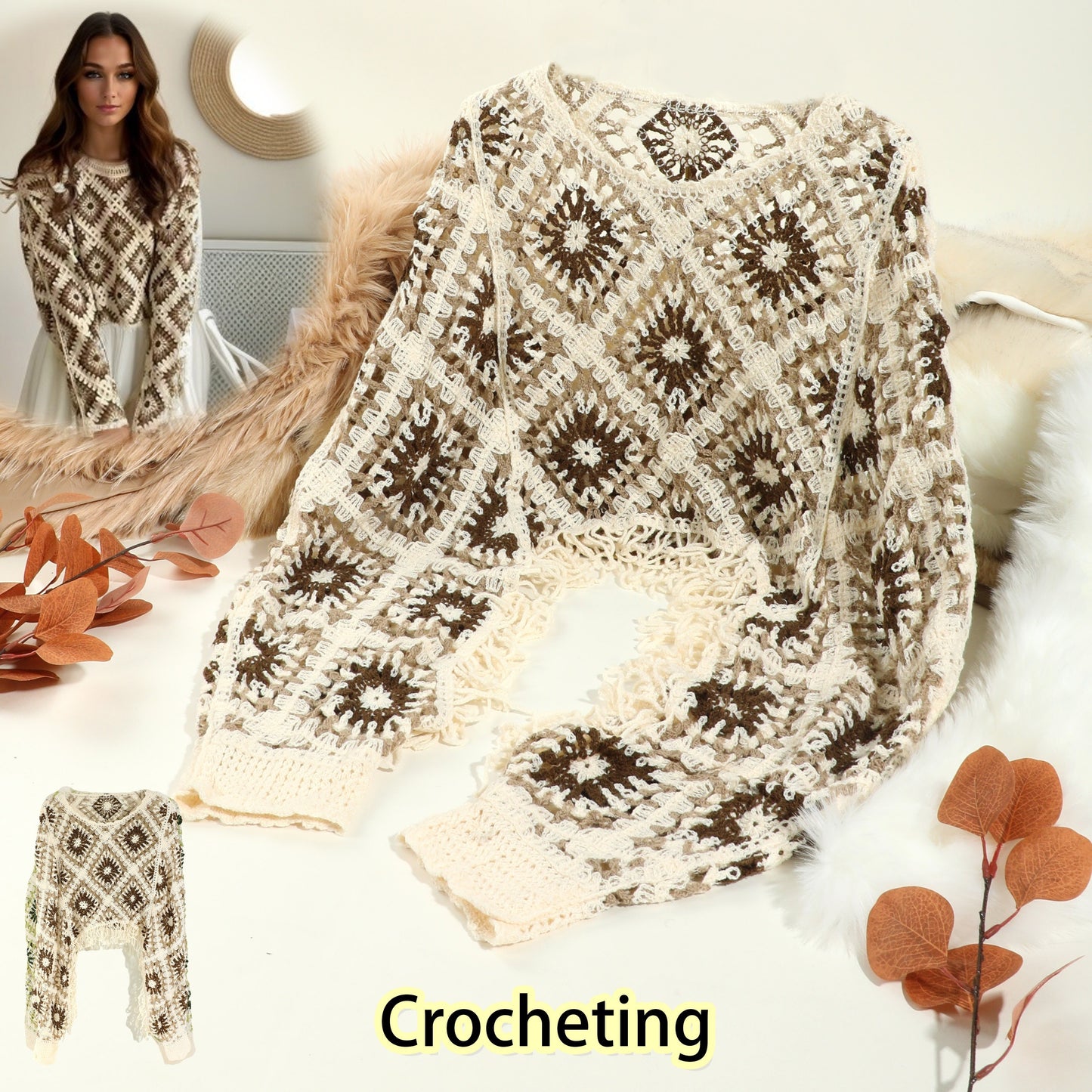 Boho Flower Crochet Knitted Shawl Elegant Hollow Out Tassel Shawl With Long Sleeves Summer Sunscreen Short Top For Women