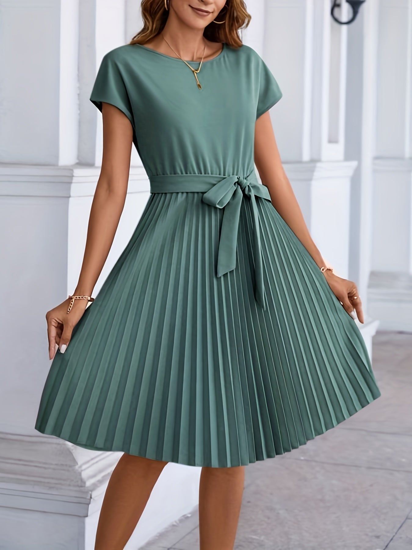 Pleated Tie Front Dress, Casual Short Sleeve Dress For Spring & Summer, Women's Clothing