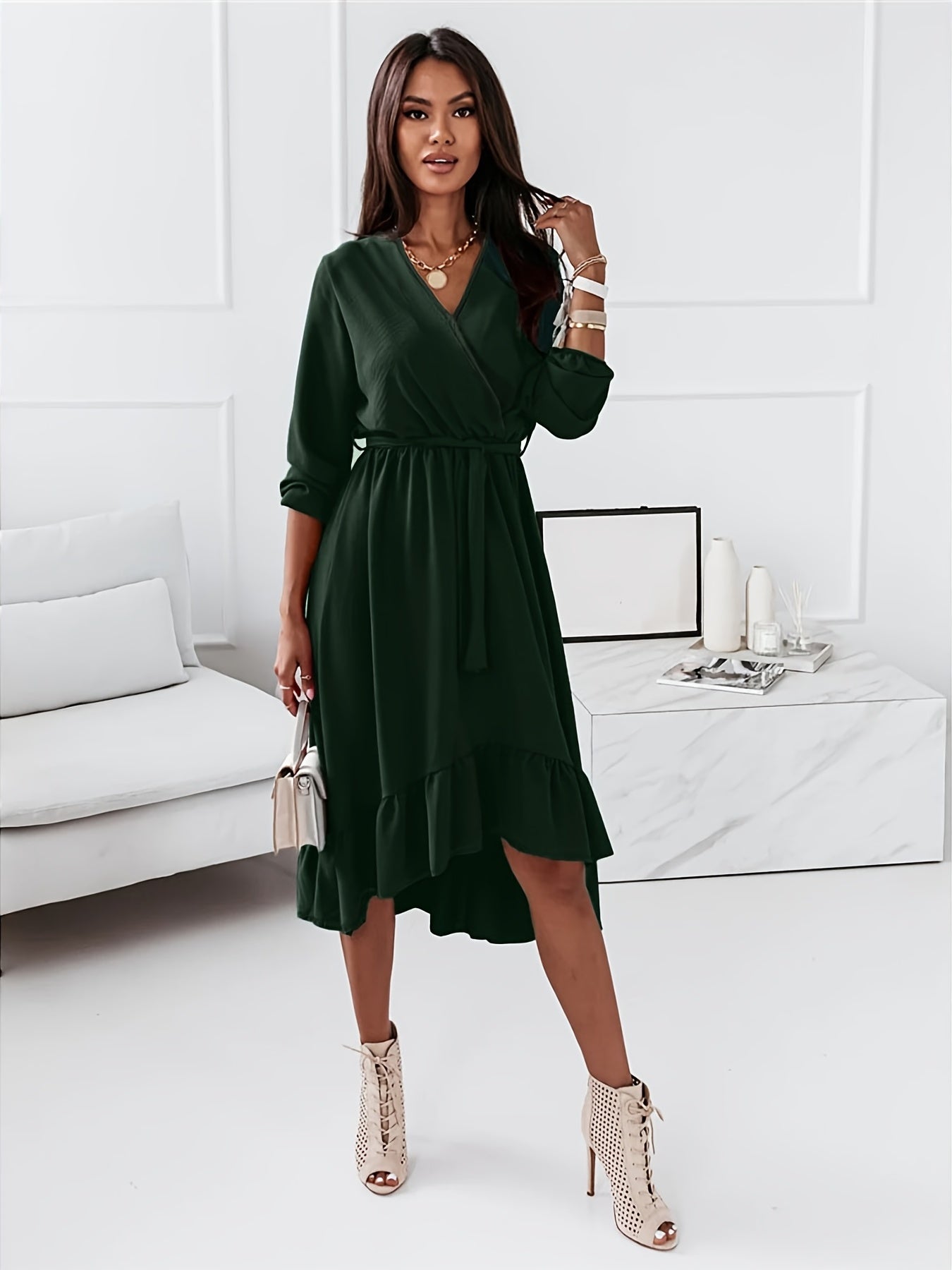 Sixsr Ruffle Hem Surplice Neck Dress, Elegant Solid Long Sleeve Midi Dress, Women's Clothing