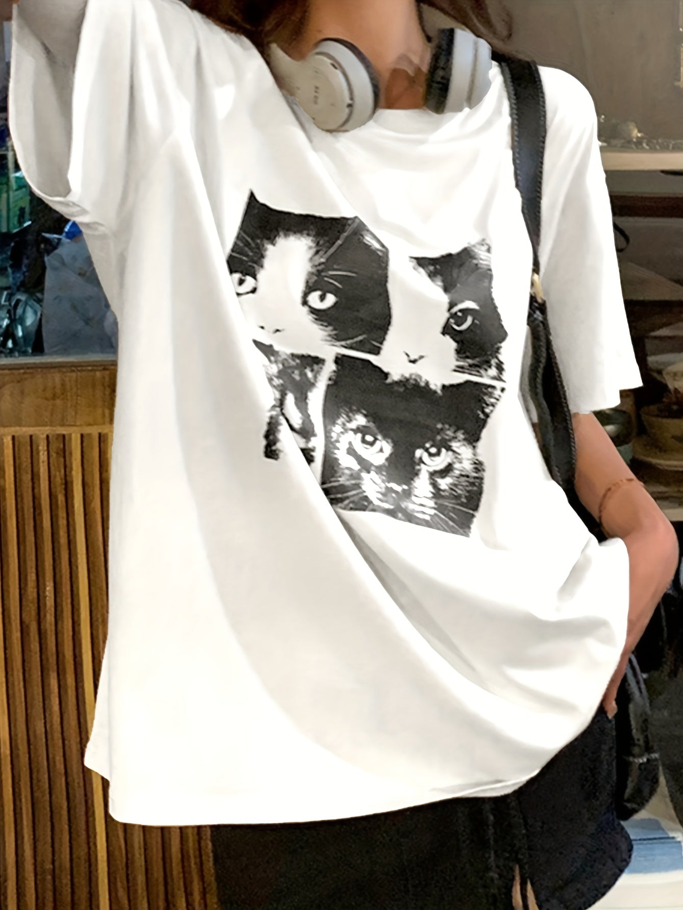 Sixsr Cat Print Crew Neck T-Shirt, Y2K Short Sleeve T-Shirt For Spring & Summer, Women's Clothing