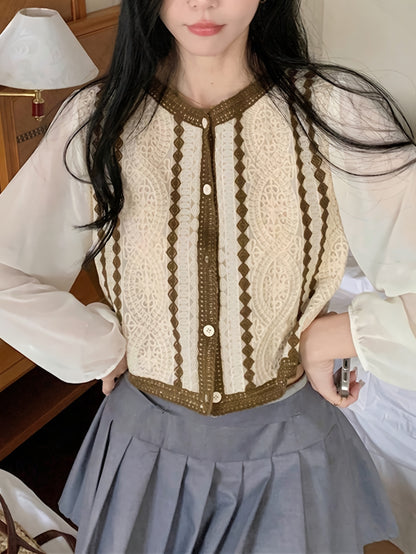 Sixsr Contrast Trim Button Front Blouse, Elegant Long Sleeve Blouse For Spring & Fall, Women's Clothing