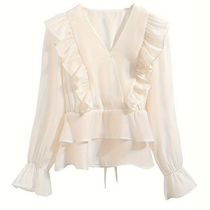 Sixsr Ruffle Trim V Neck Tiered Blouse, Chic Lantern Sleeve Tied Blouse For Spring & Fall, Women's Clothing