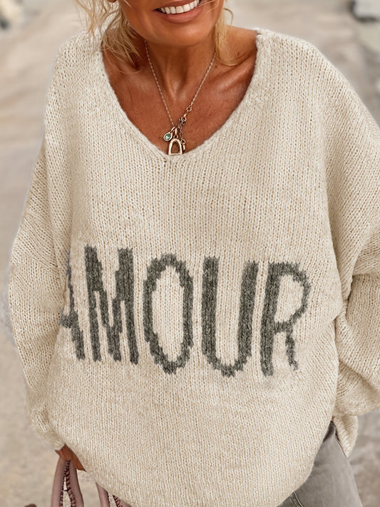 Sixsr Plus Size Casual Sweater, Women's Plus Letter Print Long Sleeve V Neck Medium Stretch Loose Sweater