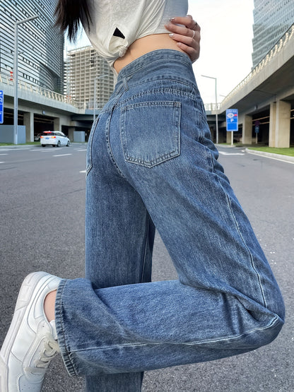 Sixsr Blue High Waist Straight Jeans, Loose Fit Single Breasted Button Versatile Wide Legs Jeans, Women's Denim Jeans & Clothing