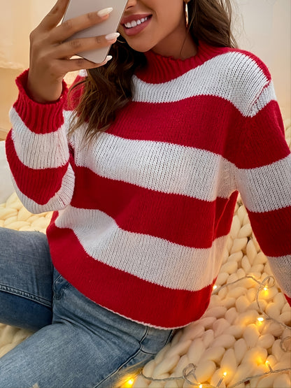 Sixsr Striped Crew Neck Sweater, Casual Color Block Long Sleeve Loose Fall Winter Knit Sweater, Women's Clothing