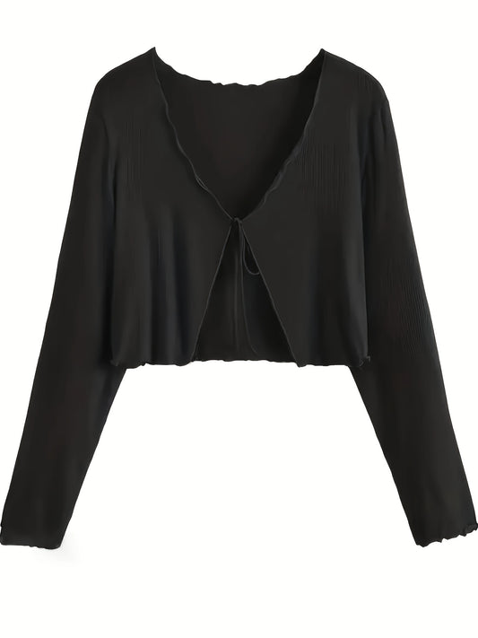 Sixsr Solid Tied Front Crop Cardigan, Casual Lettuce Trim Long Sleeve Cardigan, Women's Clothing