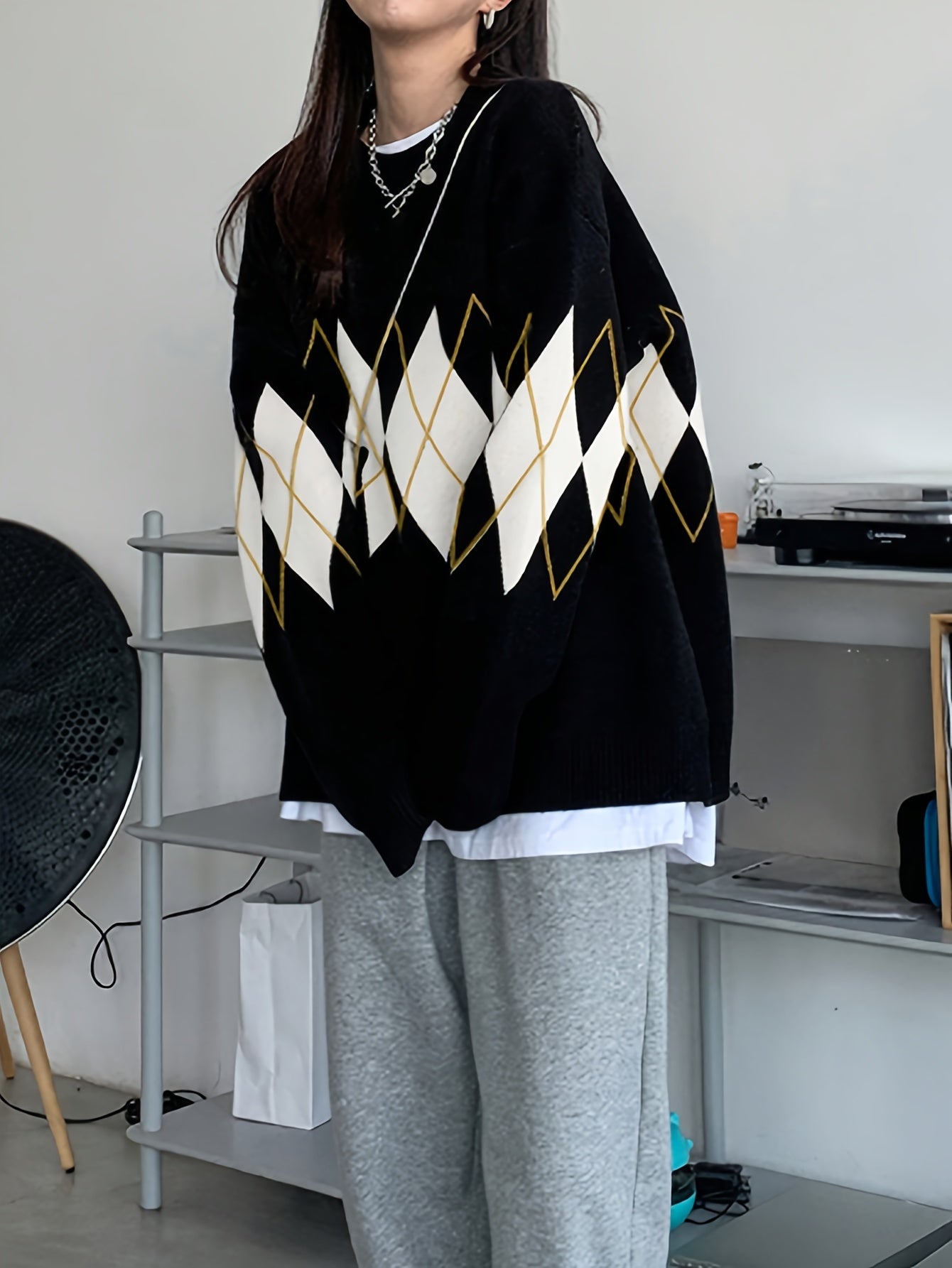 Sixsr Argyle Pattern Knit Sweater, Casual Long Sleeve Pullover Sweater, Women's Clothing